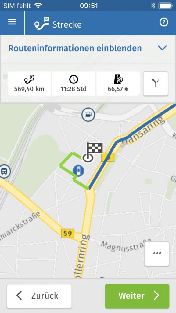 Mautpflichtige Strecken sind blau gekennzeichnet. Die Maut-App routet aber auch über nicht-mautpflichtige Strecke - bis zum Ziel.