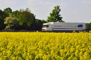 Weißer Lkw fährt an gelbem Rapsfeld vorbei