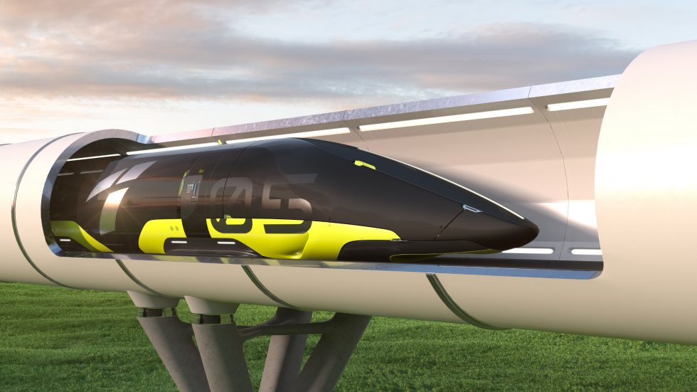 Grafische Darstellung des Hochgeschwindigkeitszuges Hyperloop, der durch ein Röhrensystem fährt.