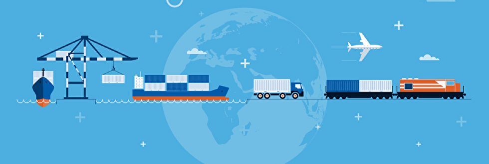 Blaue Grafik. Abgebildet sind Flugzeug, Containerschiff, Lkw, im Hintergrund eine Weltkugel