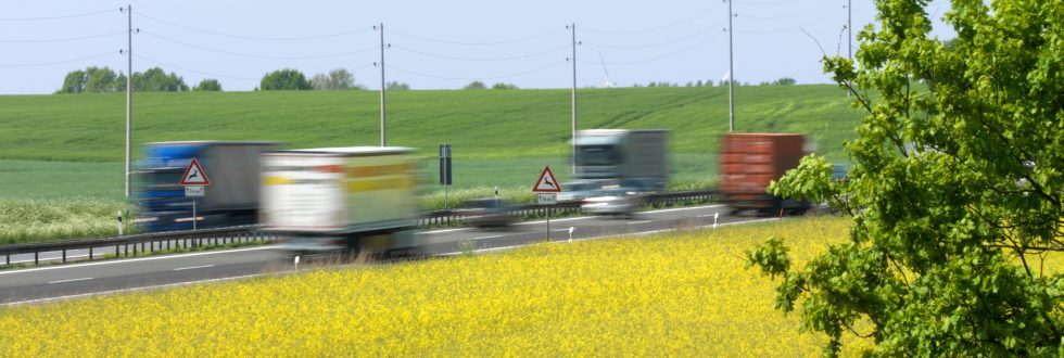Umweltschutz: Blühendes Rapsfeld mit Lkw auf einer Autobahn im Hintergrund