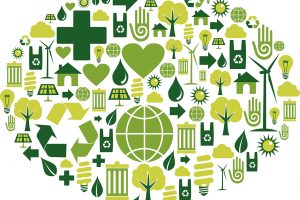 Blasendialog mit Umwelt-Ikonen als Symbolbild für Nachhaltigkeit